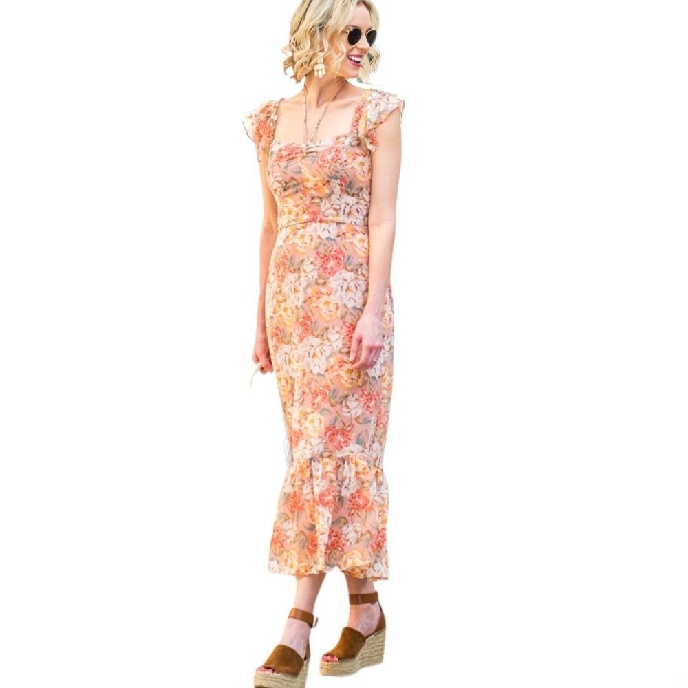 Wayf‎ Valerie Blouson Midi Dress M Peach Floral Sleeveless Ruffle